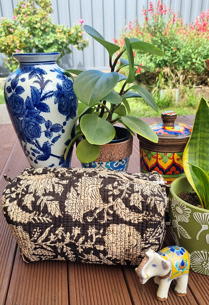 Black White All Over Floral Block Printed Toiletry Travel Pouch / Case