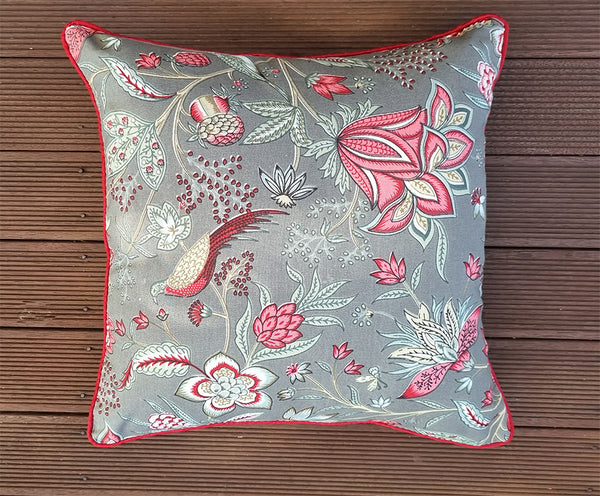 BRICK GREY ENGLISH FLORAL FOWL CHINTZ CUSHION