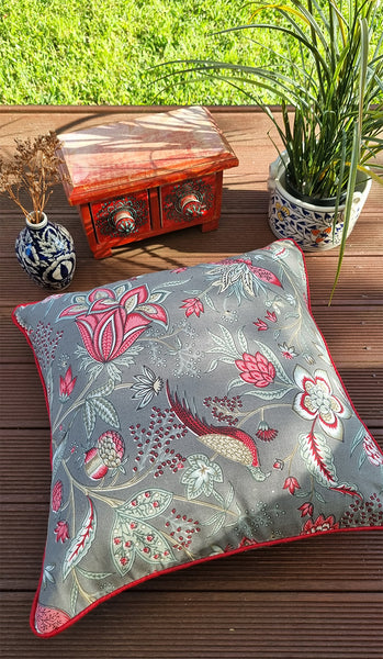 BRICK GREY ENGLISH FLORAL FOWL CHINTZ CUSHION