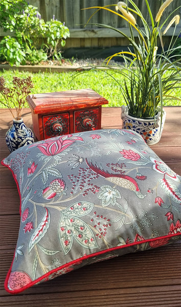 BRICK GREY ENGLISH FLORAL FOWL CHINTZ CUSHION