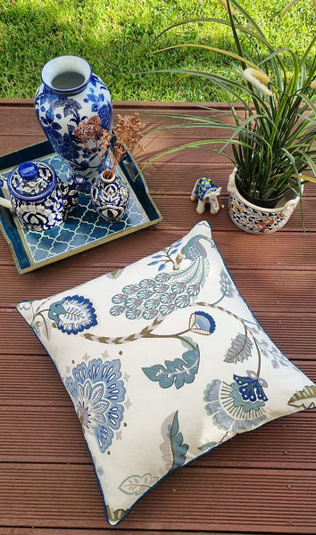 PEACOCK BLUE WHITE FLORAL CUSHION