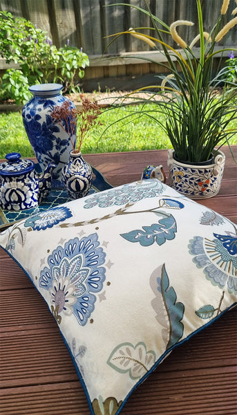 PEACOCK BLUE WHITE FLORAL CUSHION