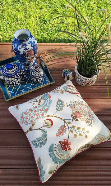 PEACOCK CREAM BRICK FLORAL CUSHION