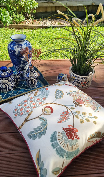 PEACOCK CREAM BRICK FLORAL CUSHION