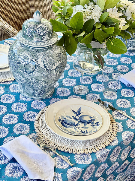 Teal Decorative Leaf Tablecloth TDLBTB10