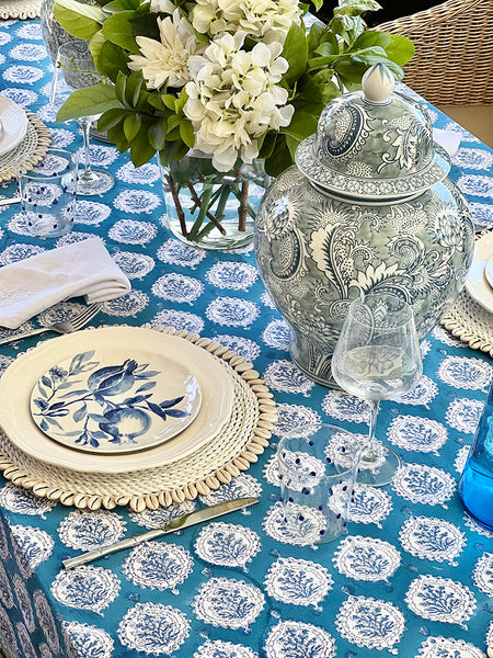 Teal Decorative Leaf Tablecloth TDLBTB10