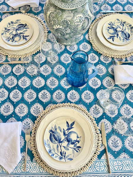 Teal Decorative Leaf Tablecloth TDLBTB10