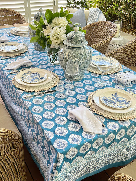 Teal Decorative Leaf Tablecloth TDLBTB10