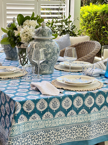 Teal Decorative Leaf Tablecloth TDLBTB10