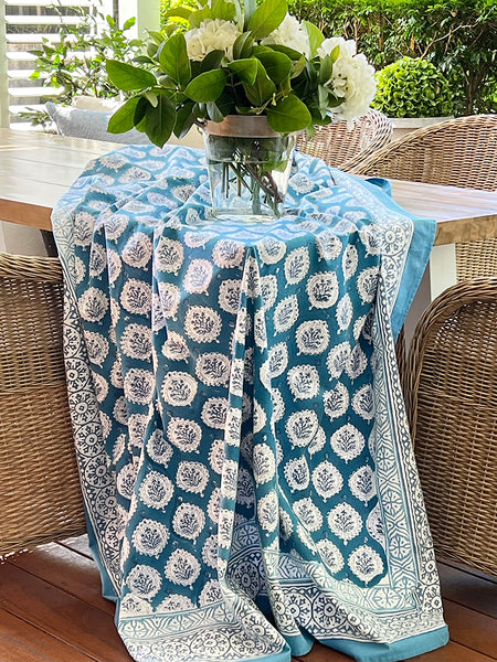 Teal Decorative Leaf Tablecloth TDLBTB10