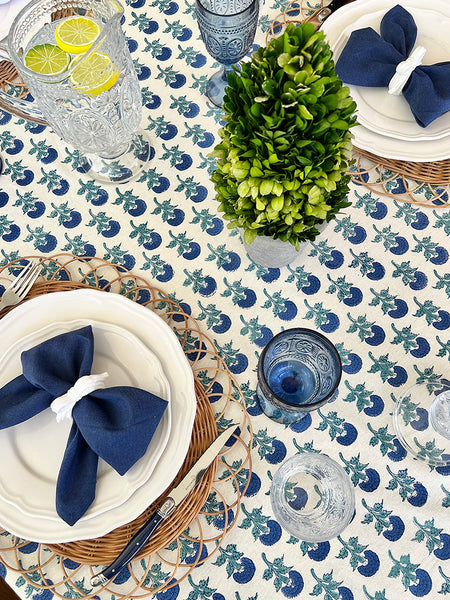 Cobalt Off White Marigold Buti Spray Tablecloth CWMBTB9