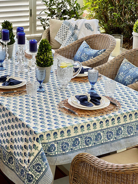 Cobalt Off White Marigold Buti Spray Tablecloth CWMBTB9