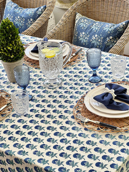 Cobalt Off White Marigold Buti Spray Tablecloth CWMBTB9