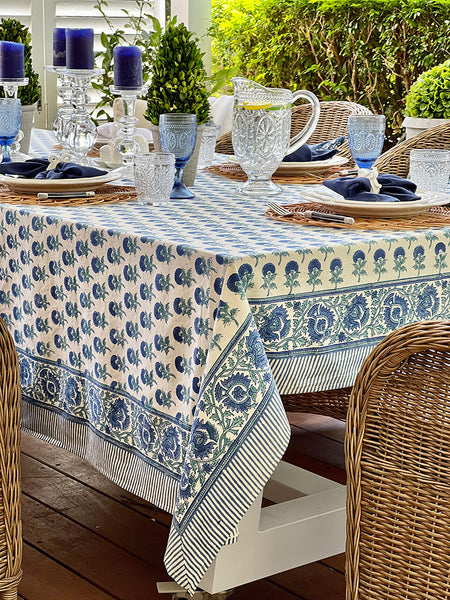 Cobalt Off White Marigold Buti Spray Tablecloth CWMBTB9