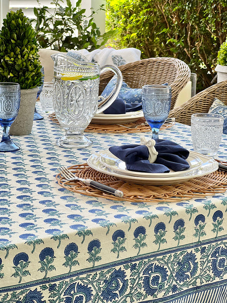 Cobalt Off White Marigold Buti Spray Tablecloth CWMBTB9