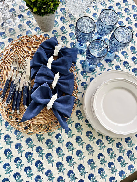 Cobalt Off White Marigold Buti Spray Tablecloth CWMBTB9