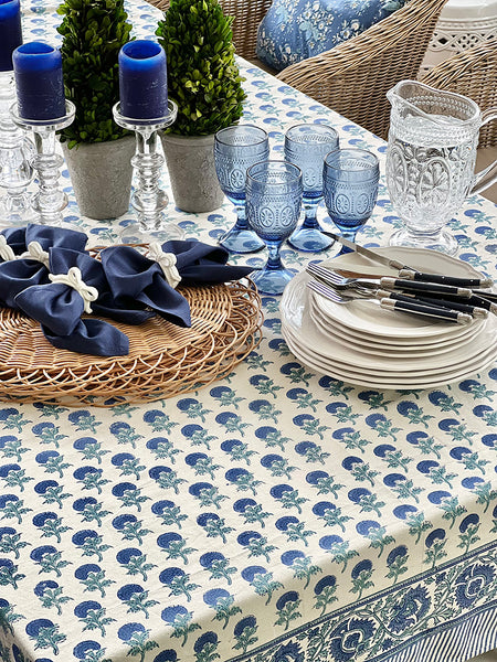 Cobalt Off White Marigold Buti Spray Tablecloth CWMBTB9