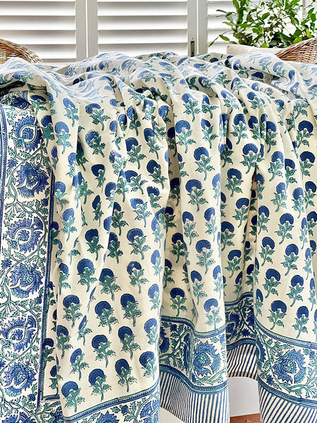 Cobalt Off White Marigold Buti Spray Tablecloth CWMBTB9