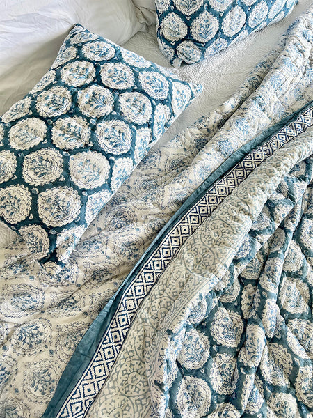 Teal Decorative Leaf Block Print Quilt Set