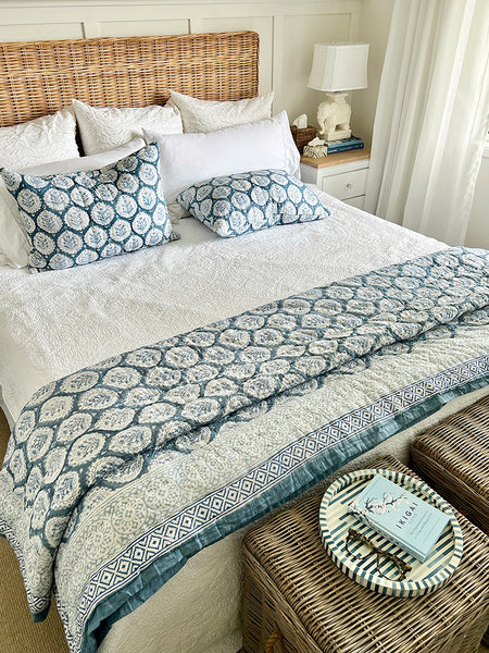 Teal Decorative Leaf Block Print Quilt Set