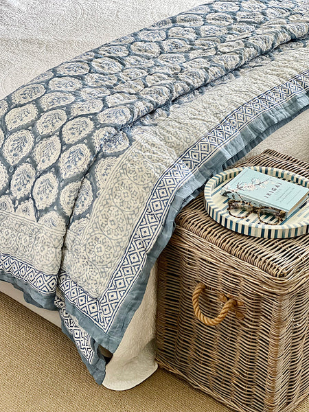 Teal Decorative Leaf Block Print Quilt Set