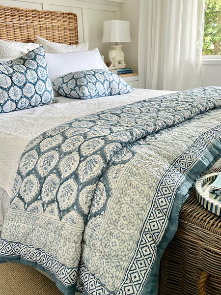 Teal Decorative Leaf Block Print Quilt Set