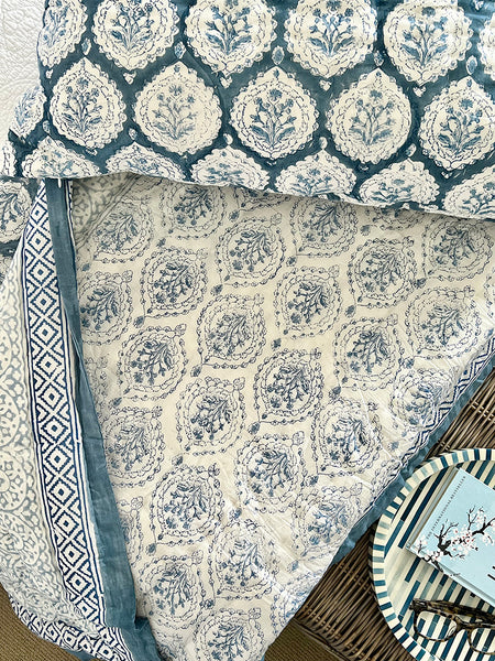 Teal Decorative Leaf Block Print Quilt Set