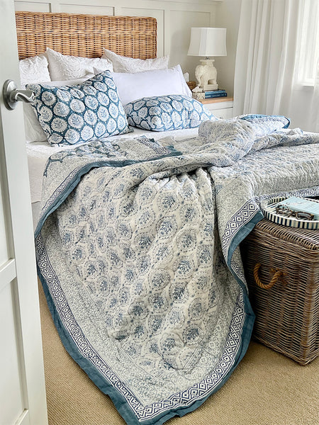 Teal Decorative Leaf Block Print Quilt Set