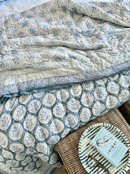 Teal Decorative Leaf Block Print Quilt Set