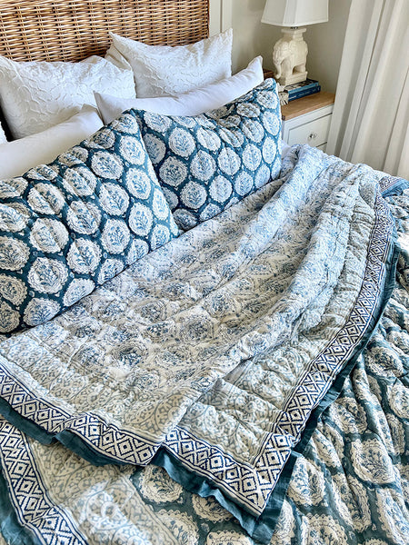 Teal Decorative Leaf Block Print Quilt Set