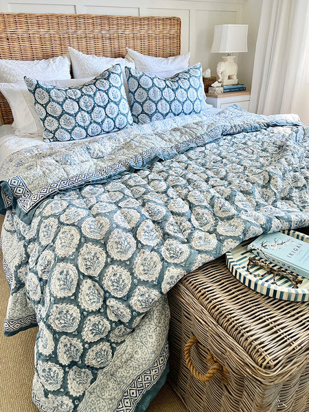 Teal Decorative Leaf Block Print Quilt Set