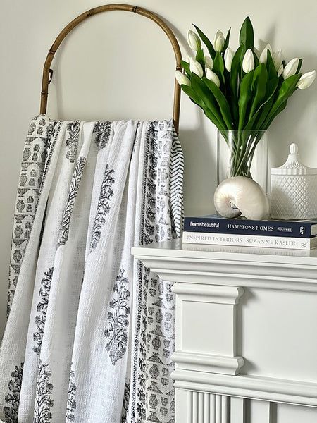 Grey Floral Stem White Throw
