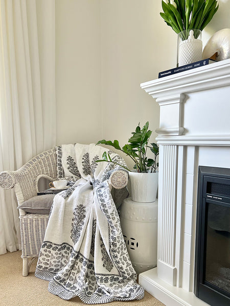 Grey Floral Stem White Throw