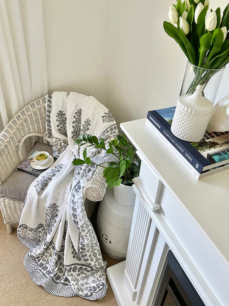 Grey Floral Stem White Throw
