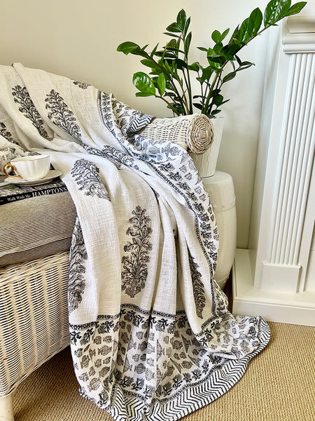 Grey Floral Stem White Throw