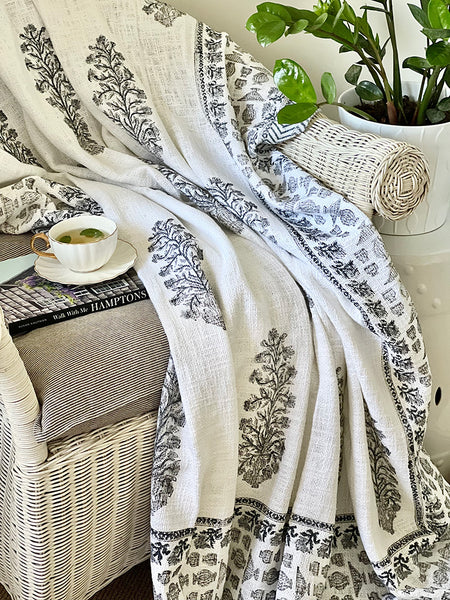 Grey Floral Stem White Throw