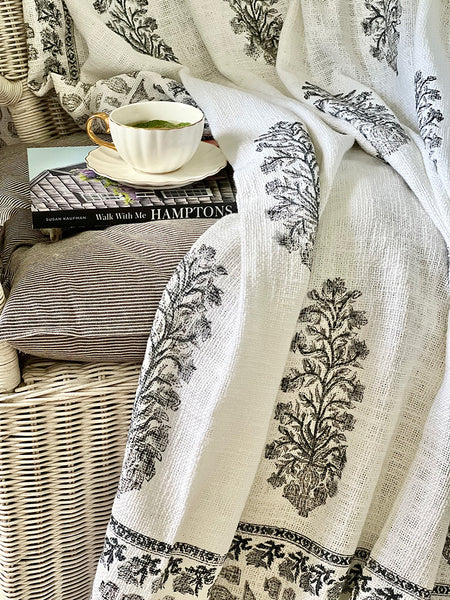 Grey Floral Stem White Throw