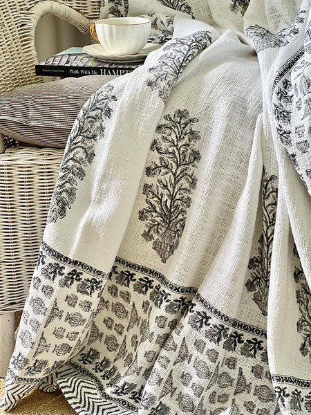 Grey Floral Stem White Throw