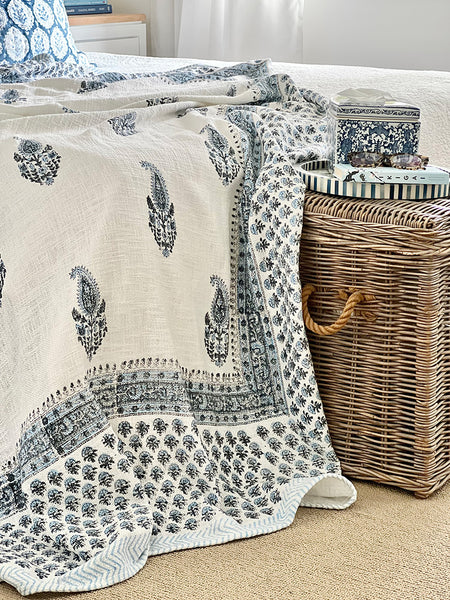 Cornflower Blue White Paisley Block Printed Throw