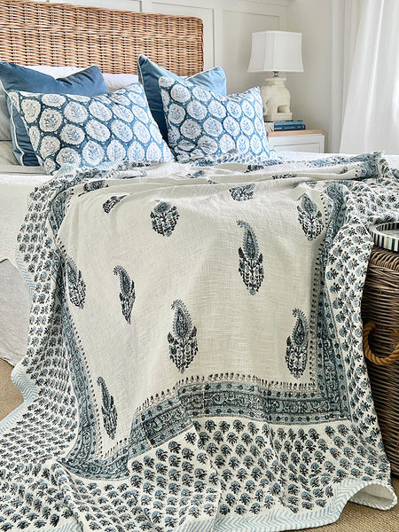 Cornflower Blue White Paisley Block Printed Throw