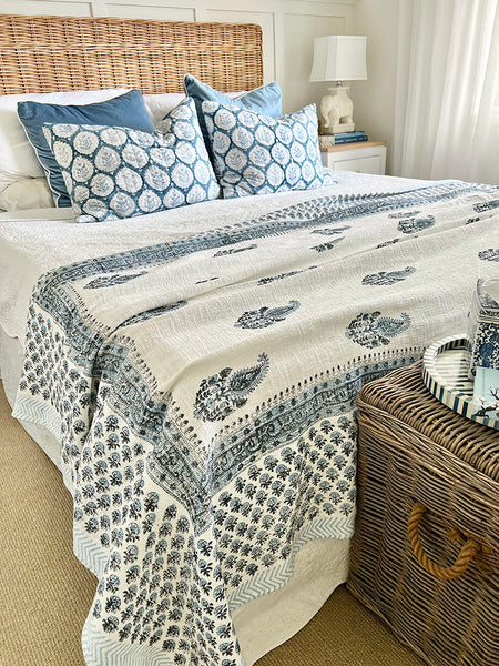 Cornflower Blue White Paisley Block Printed Throw