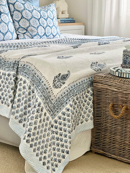 Cornflower Blue White Paisley Block Printed Throw