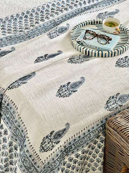 Cornflower Blue White Paisley Block Printed Throw