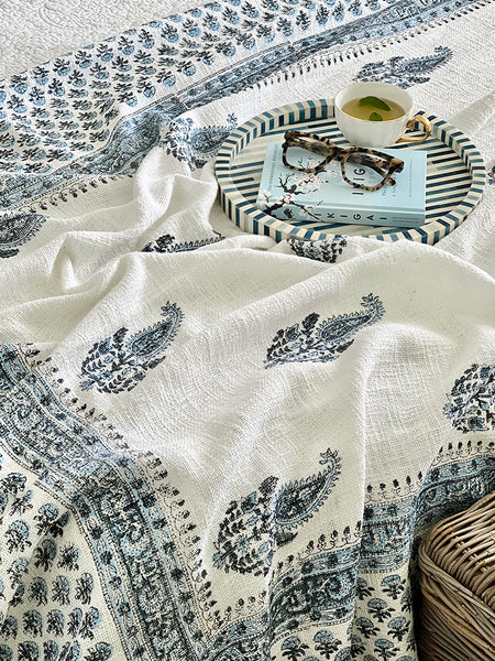 Cornflower Blue White Paisley Block Printed Throw