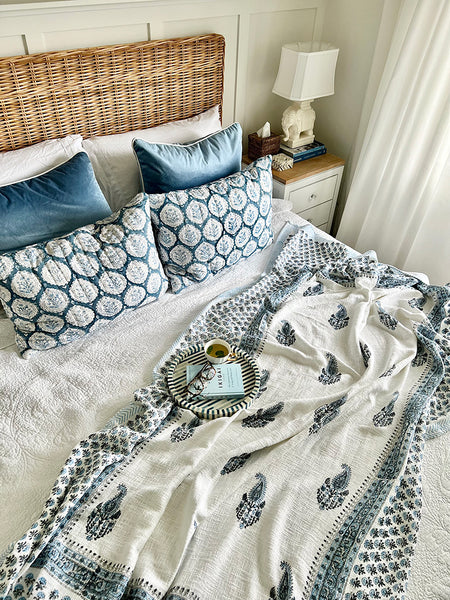 Cornflower Blue White Paisley Block Printed Throw