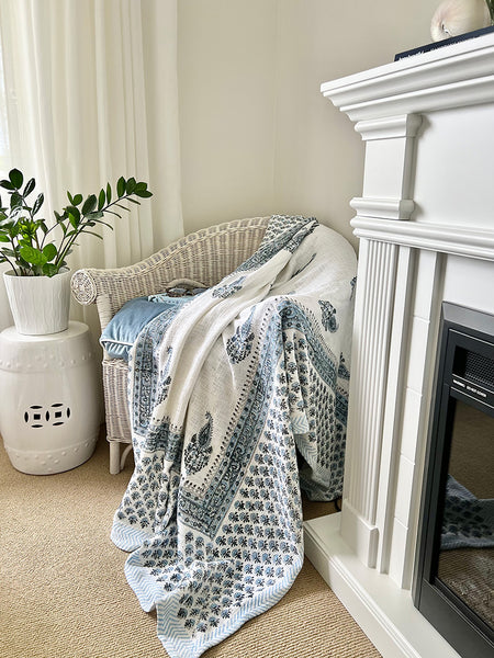 Cornflower Blue White Paisley Block Printed Throw