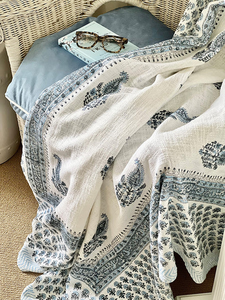 Cornflower Blue White Paisley Block Printed Throw