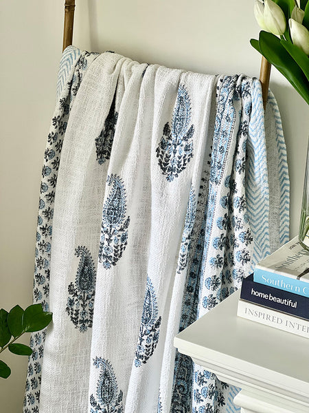 Cornflower Blue White Paisley Block Printed Throw