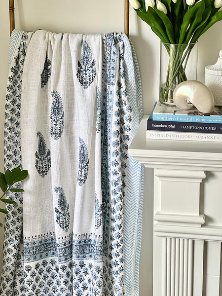Cornflower Blue White Paisley Block Printed Throw