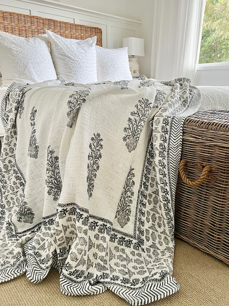 Grey Floral Stem White Throw